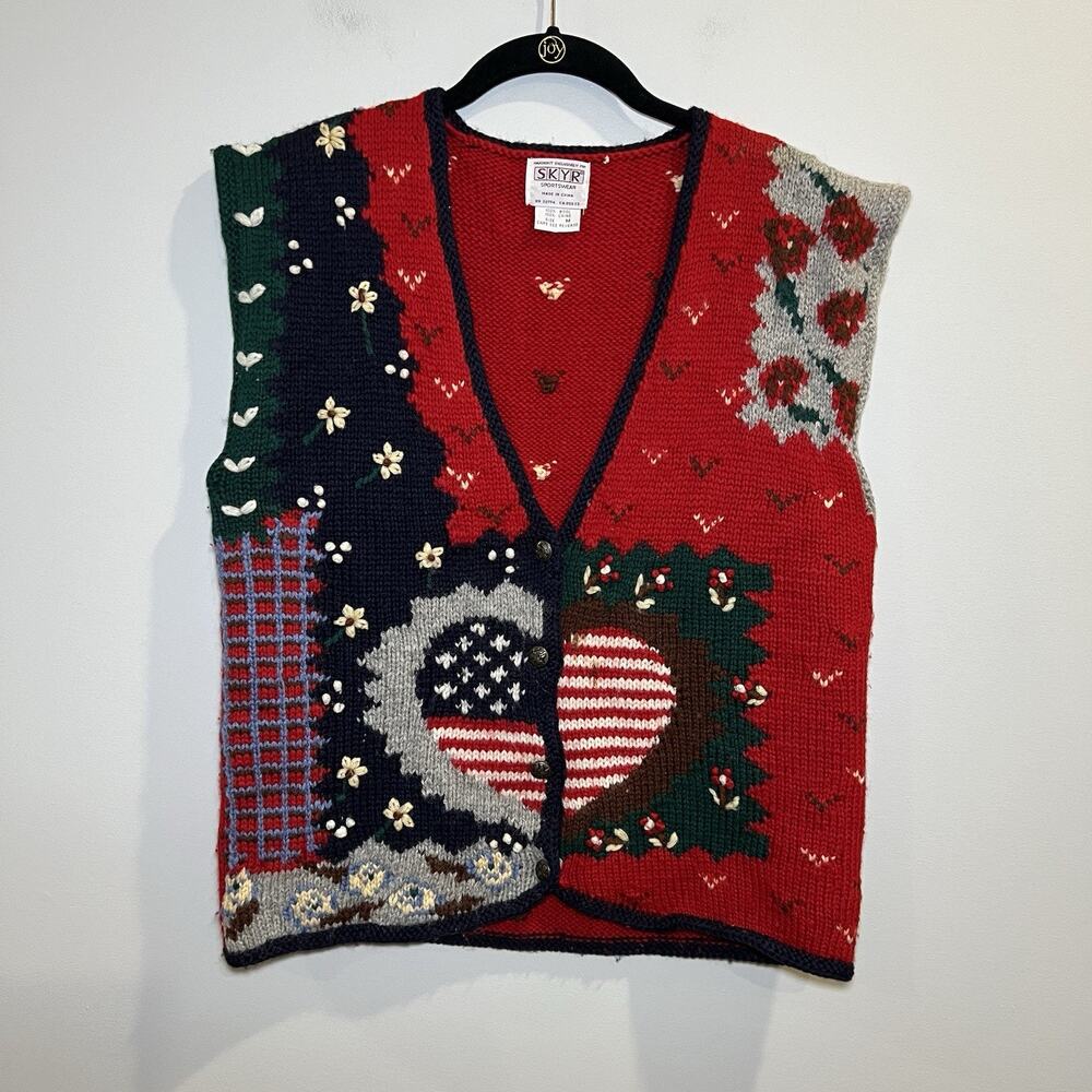 Vintage Skyr Sportswear Hand Knit Patriotic Sweater Vest‎ Size Medium 100% Wool